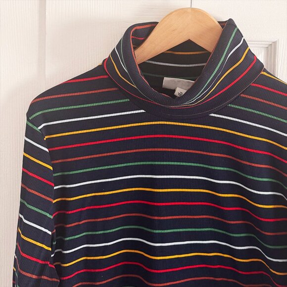 NWOT La Ligne Navy Blue / Multicolored Striped Ribbed Turtleneck - Picture 4 of 6